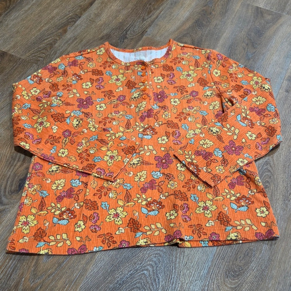 Blair Womens Orange Floral Pointelle Knit Henley Top Long Sleeve Petite Medium